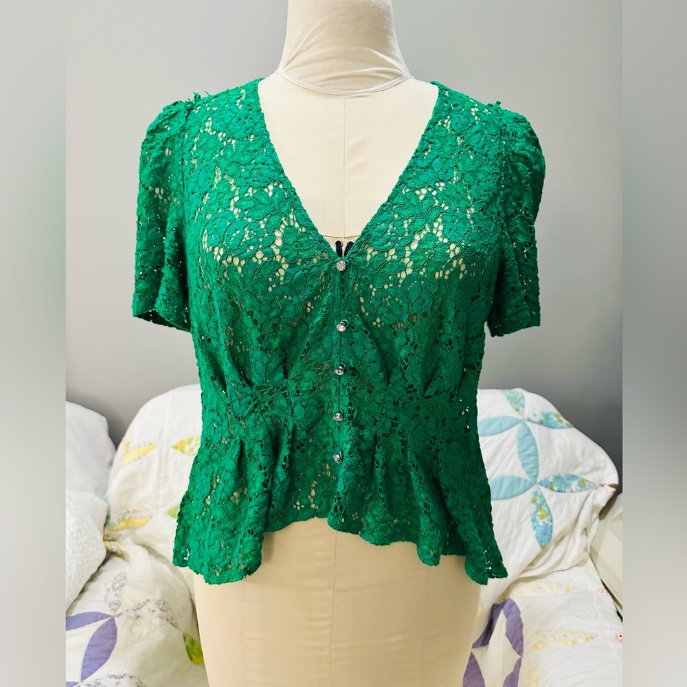 Zara Green Lace Peplum Blouse Top M L XL